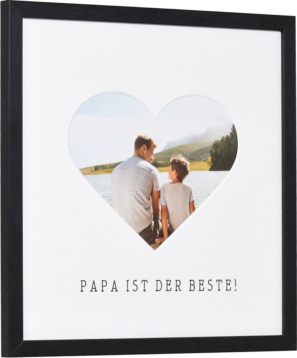 seitliche Ansicht eines Bilderrahmens mit Herzausschnitt für Papa in der Farbe Schwarz
